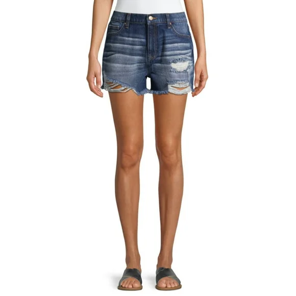 No Boundaries Dark Wash Destructed Mom Shorts - Size 3 High Rise - Blue Denim - Picture 1 of 10